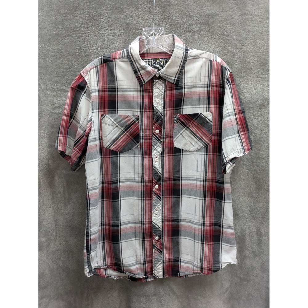 Mens Button Up Shirt‎ Medium Plaid Pockets Casual Short Sleeve